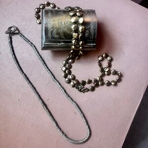 2 Silver necklaces and a Moroccan trinket box